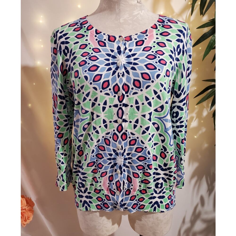 Talbots Geometric Mandala Button Light Cardigan Sweater Womens Size L 3/4 Sleeve